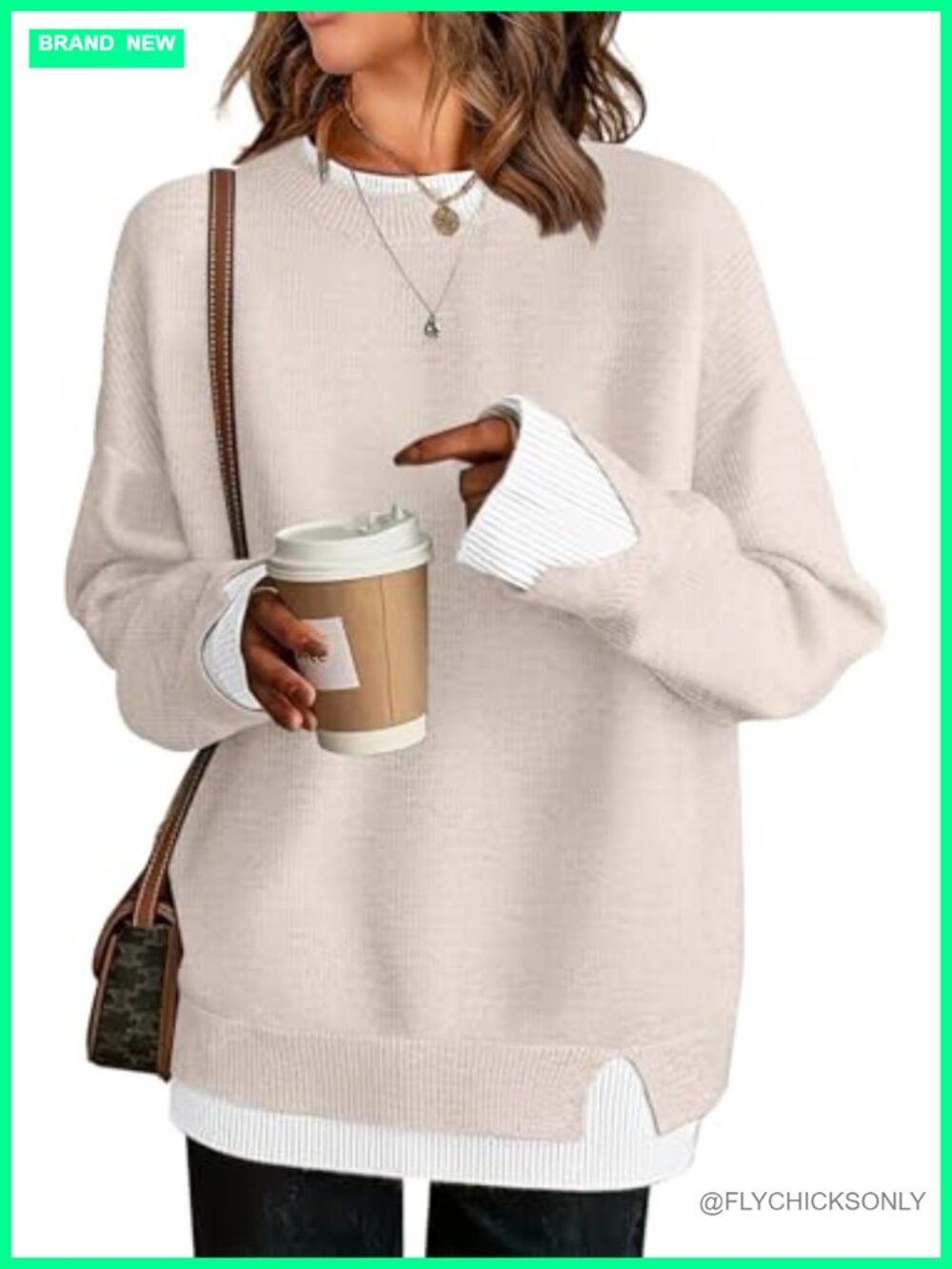Oversized Knit Sweater Women Crew Neck Patchwork Pullover Long Sleeve